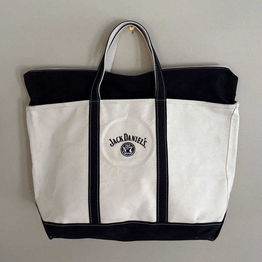 VTG LL Bean Boat & Tote Jack Daniels Black Logo Large Zipper Top Canvas Tote Bag
